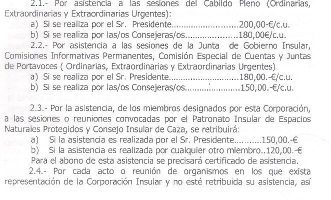 DIETAS DE LOS CONSEJERO DE CABILDO VIGENTES DESDE 01/01/2011