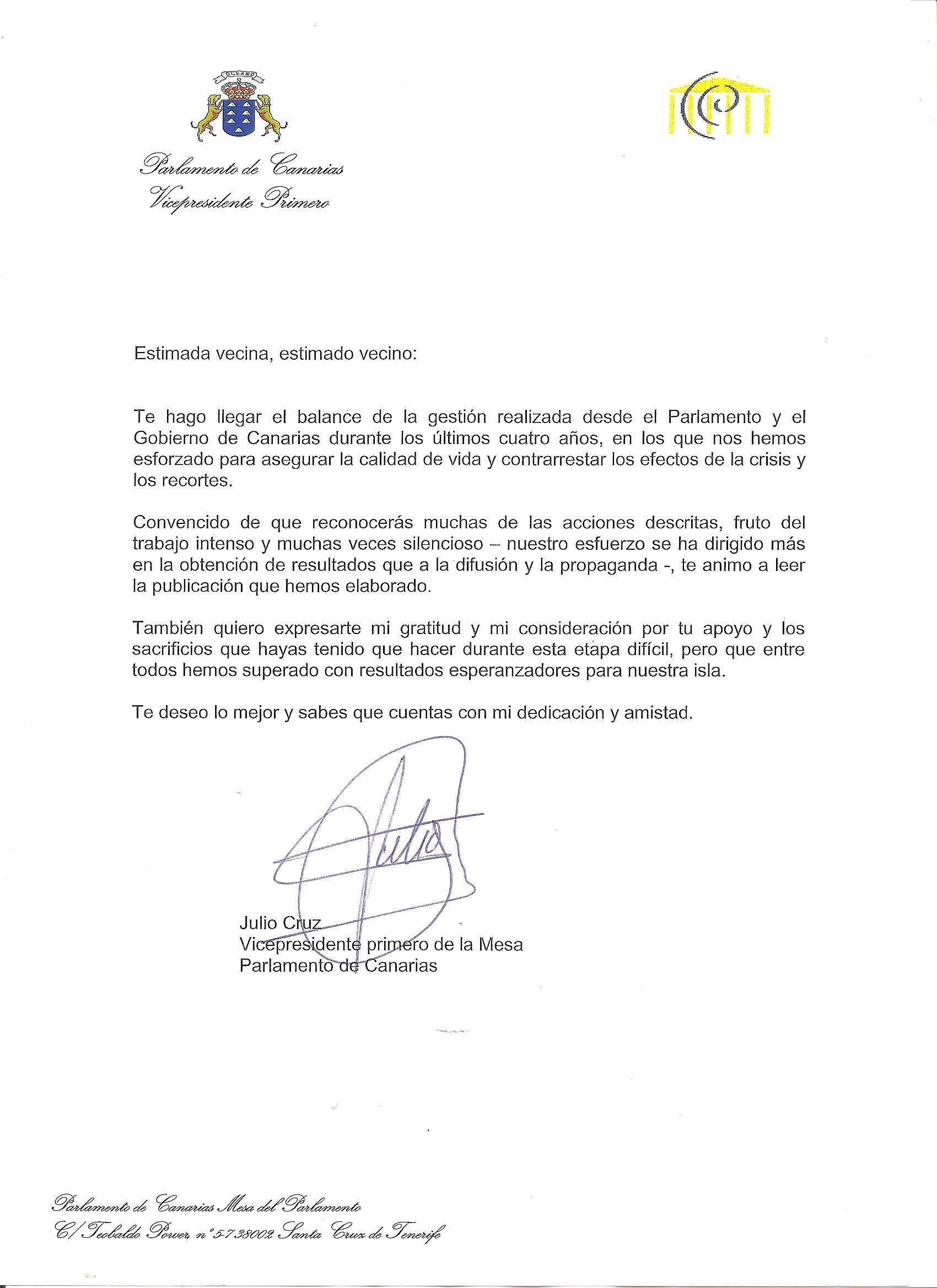 Carta de presentación de Julio Cruz en papel del Parlamento de Canarias