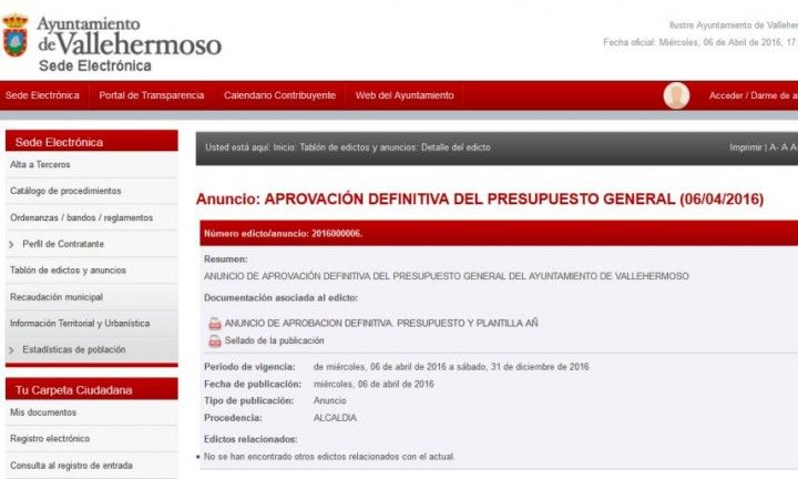 Vallehermoso «aprovó» el presupuesto municipal para 2016 por cuatro millones de euros