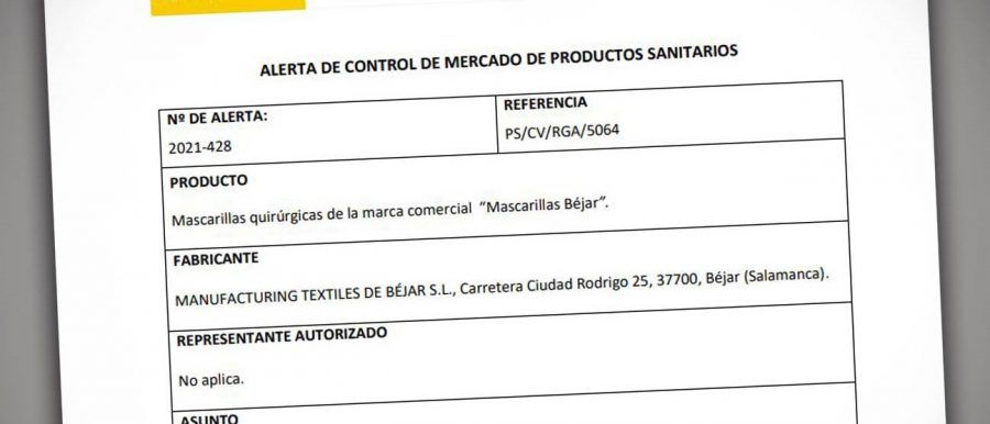La Aemps emite una alerta de control de mercado sobre Mascarillas Béjar