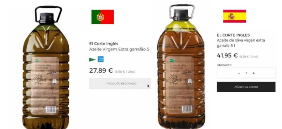 El Corte Inglés vende en España su aceite de oliva virgen extra 14 euros más caro que en Portugal